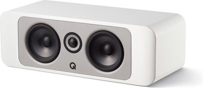 Q Acoustics Concept 90 hvid højglans centerhøjttaler, set forfra, to sorte højttalere, en sort diskant i midten