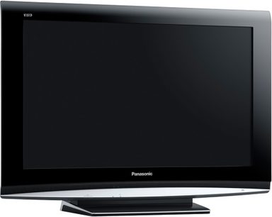 Sort Panasonic TX-32LXD86 fladskærms-tv set forfra i let fugleperspektiv på en ensfarvet sort baggrund