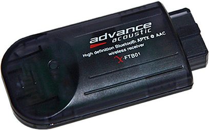 Bluetooth-Sender Advance Paris X-FTB01 schwarz, Aufsicht, abgerundete rechteckige Form, weißes Logo und weißer Text