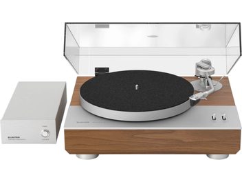 Unitra GSH-801 Edmund vinylpladespiller i sølv og amerikansk valnød, gennemsigtig hævet låg, strømforsyning til venstre
