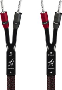 Audioquest Rocket 33 Lautsprecherkabel konfektioniert, schwarz-rot geflochtenes Gewebe, AMP- und SPEAKER-Bananenstecker in Rot und Schwarz