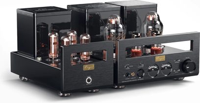 Preamplificatore per cuffie hi-fi Cayin HA-300MK2 nero, doppio chassis in metallo spazzolato con valvole a vista, vu-meter, connettori e grande manopola del volume sul frontale, vista di tre quarti anteriore
