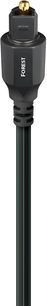 Optisk digitalkabel Audioquest Forest optisk 5m svart, Toslink-kontakt i matt svart plast med vit text "FOREST" och förgylld spets, svart PVC-mantel med tunna gröna ränder, framifrån