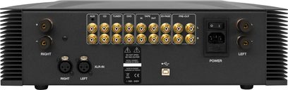 Stereo hi-fi stiprintuvas Atoll Electronique IN400SE sidabrinės spalvos, galinė pusė, garso jungtys ir maitinimo įvadas