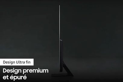 Samsung QE65S95B 2022 TV set i ultratyndt design set fra siden, med slukket skærm, på minimalistisk, lodret metalfod