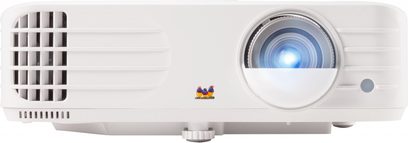 ViewSonic PX701-4K hvid videoprojektor, set forfra, centreret linse, sideventilationsriste, farverigt ViewSonic-logo