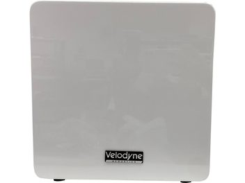 Velodyne MiniVee X subwoofer i vitt, frontvy med kvadratisk frontpanel med rundade hörn