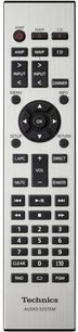Mando a distancia de audio con botones para control de volumen, selección de entrada, ajustes y teclado numérico, acabado en plata