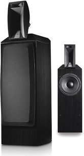 JBL Array 1000 sort søjlehøjttaler set forfra med matchende subwoofer, synlige højttalere og diskanthøjttaler