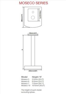 U-formet omvendt højttaler-fod fra Moseco Series med dimensioner, højde 715 mm og bredde 240 mm, vist på teknisk diagram