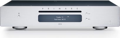 Leitor de CD Primare CD15 Prisma prata, caixa de metal prateada, frente minimalista, visor LCD azul, 9 botões