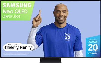 Plochý televizor Samsung TQ55QN70F Neo QLED 2025 s Thierrym Henrym na obrazovce na modrém pozadí
