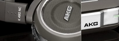 Cuffie AKG K480 NC grigie e nere, primo piano del padiglione auricolare destro con logo AKG e griglia dell'altoparlante