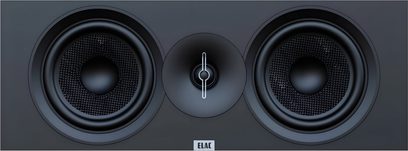 Elac Debut 3.0 DB62 centralhøjtaler i sort, kabinetmateriale ikke specificeret, med to woofere og centralt tweeter, set forfra