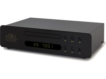 Augstas precizitātes CD atskaņotājs Atoll Electronique MD100 Evolution melnā krāsā, trīs ceturtdaļu skats, priekšpuse ar digitālo ekrānu un pogām