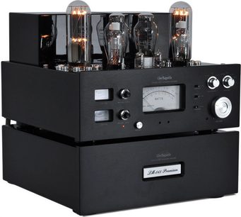 Stereo hi-fi forstærker Line Magnetic LM-845 Premium sort, frontvisning, 4 vakuumrør, skalaer, knapper og stik