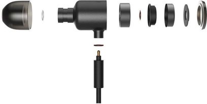 Schwarze In-Ear-Kopfhörer von Periodic Audio Titanium, Explosionszeichnung der verschiedenen Komponenten: Ohrstöpsel, Lautsprecher, Kabel