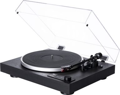 Dual CS 429 siyah ahşap kaplamalı hi-fi plak çalar, alüminyum kenarlı siyah tabla, sağa monte edilmiş okuma kolu ve şeffaf akrilik kapak açık, sağ ön üç çeyrek görünüm