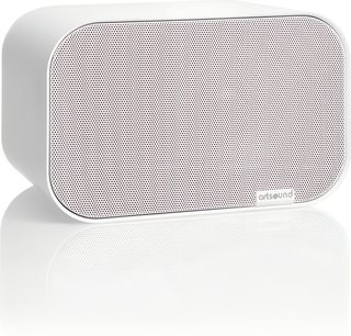 White compact hi-fi ArtSound UNI30 speaker, rounded metal grille front panel, three-quarter view on white background