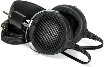 Öppen hifi-hörlur STAX SR-X1, framifrån, svarta öronkuddar, svart huvudband, svart lindad kabel, 5-polig kontakt