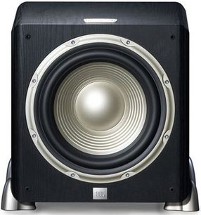 JBL L8400P sort baskabin, frontvisning, sølvfarvet rund højttaler i midten omgivet af en hvid ring