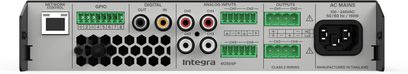 Заден панел на усилвател Integra 4125DSP с мрежов порт, RCA входове, зелени клемни блокове и захранващ контакт