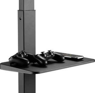 Close-up three-quarter view of the Norstone Pro Vision Plus black metal wall TV mount, square post with matching rectangular shelf