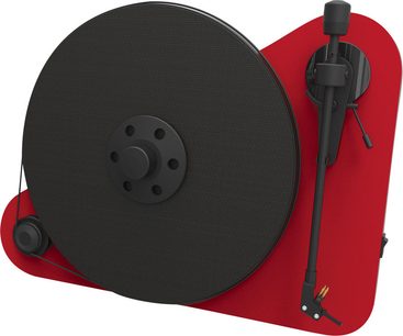 Vertikal Pro-Ject VT-E rød platespiller med tonarm, svart tallerken og kontrollknapper, forfra