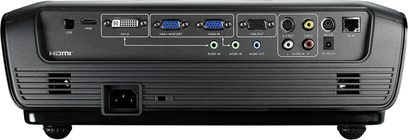 Optoma EX765 videoprojektor, frontvisning, forfra, lyd-/videostik, kontrolknapper, centreret linse