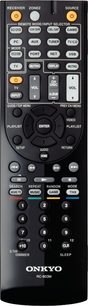 Sort Onkyo RC-803M fjernbetjening med grå og gule knapper, set forfra