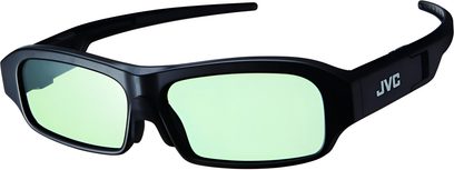 Černé 3D brýle JVC PK-AG3, silný rámeček, světle zelená obdélníková skla, pohled zepředu na bílém pozadí