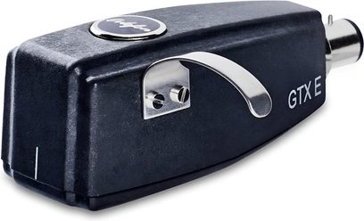 Hi-Fi plak çalar için SPU GTX E hücresi, siyah dikdörtgen kasa, eğri metal kol, gümüş renkli silindirik konnektör