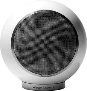 Elipson Planet L Performance 2.0 Lautsprecher in weißem Hochglanz mit sphärischer Form und schwarzem, kreisförmigem Metallgitter