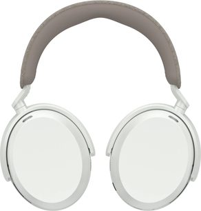Sennheiser Momentum 5 hi-fi austiņas baltā krāsā, skats no priekšpuses, ar lieliem ovāliem auss uzgaļiem un gaiši bēšu stīpu