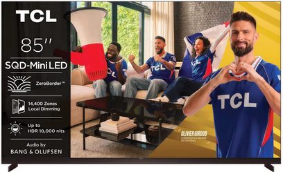 TCL 85X11L TV 85 tommer, skærm med tynd kant med fodboldvisual og Olivier Giroud, set forfra