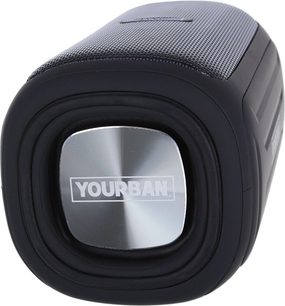 Altavoz bluetooth Yourban Getone 35 negro, vista frontal, rejilla perforada, extremo metálico con logo Yourban visible