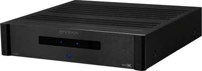 Amplificator de putere stereo Emotiva BASX A-300, vedere frontală, carcasă neagră cu față din aluminiu perlat, afișaj LED albastru