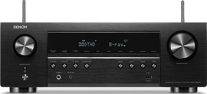 Sort Denon AVC-S660H hjemmebiografsforstærker, frontpanel med LCD-skærm, knapper, drejeknapper og hovedtelefonstik på forsiden