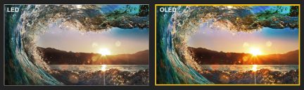 Two side-by-side images of a sunset over the ocean, one with an LED screen and the other with an OLED screen