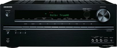 Wzmacniacz kina domowego Onkyo TX-NR525 czarny, przód, widok z przodu, zielony wyświetlacz "Dolby TrueHD", przyciski i złącza