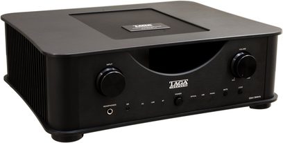 Taga Harmony HTA-2000B v.2 sort hi-fi stereforstærker, set forfra, sort front med knapper og stik, rektangulært kabinet