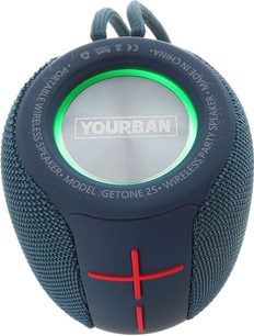 Yourban Getone 25 blå, set forfra, oval form, tekstureret stof, røde knapper i kryds, grøn lysring