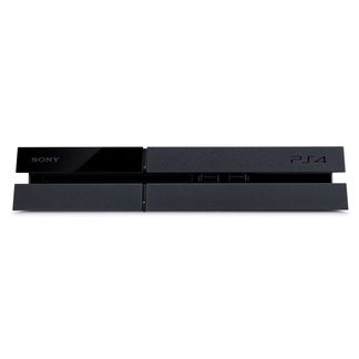 Sony PS4 spillekonsol set forfra i sort, med Blu-ray-afspiller til venstre og PS4-logo til højre