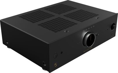 Hi-Fi підсилювач Onkyo ICON A-50 з чорного металу, вигляд спереду-ліворуч, центральна ручка гучності, решітки зверху, фронтальний вихід для навушників