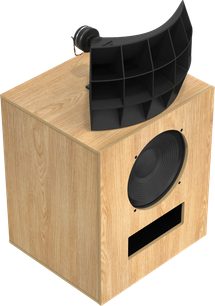 Klipsch-luidspreker in licht eikenlook met gebogen zwarte hoorn, grote frontale luidspreker en rechthoekige basreflexpoort