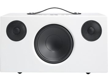 Enceinte Audio Pro ADDON C10 blanc, vue de face, 2 haut-parleurs circulaires noirs, 1 haut-parleur central noir, poignée noire