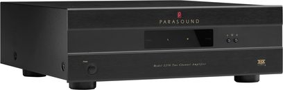 Parasound Model 2250 effektforstærker set forfra i sort, blåt display, knapper og stik