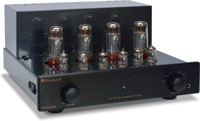 Amplificatore hi-fi a valvole PrimaLuna Evo 300 integrato nero, vista frontale, 8 valvole sulla parte superiore, pannello frontale con manopole e selettore