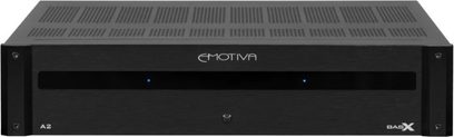 Emotiva BasX A-2 amplificador de potencia estéreo, panel frontal negro con rejilla de ventilación, vista frontal