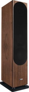 Canton Townus 100 floorstanding speaker, walnut finish, black front with fabric grille, three-quarter view